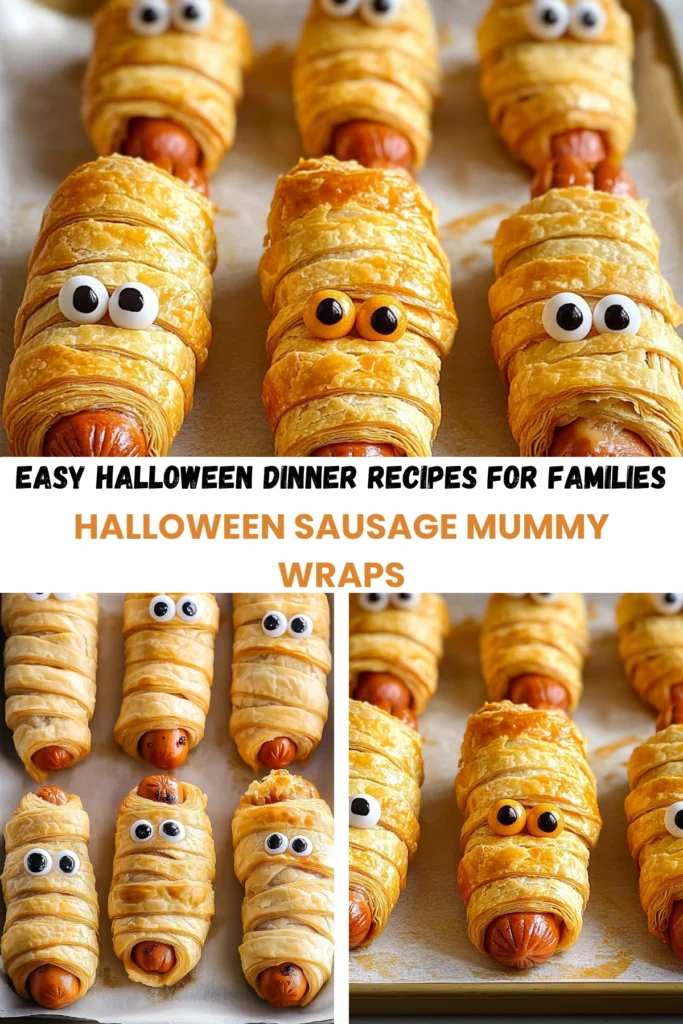 Spooky Halloween sausage mummy wraps with puff pastry and candy eyes, perfect for a family-friendly Halloween dinner