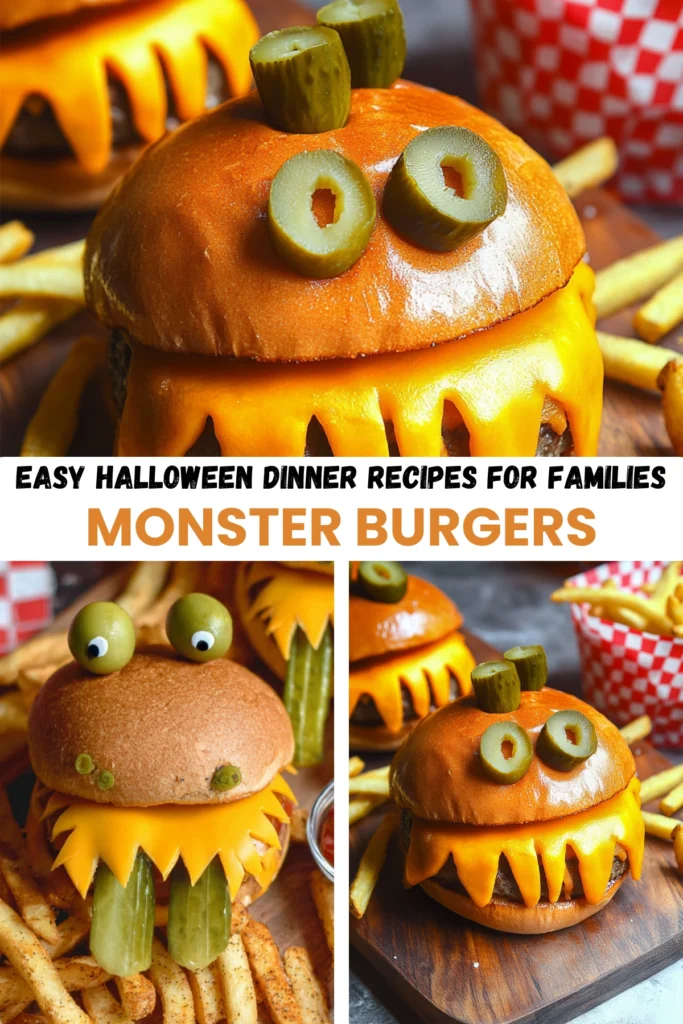 Halloween monster-inspired burgers with cheddar cheese teeth, pickle tongues, and green olive eyes, served with crispy French fries in a checkered basket.
