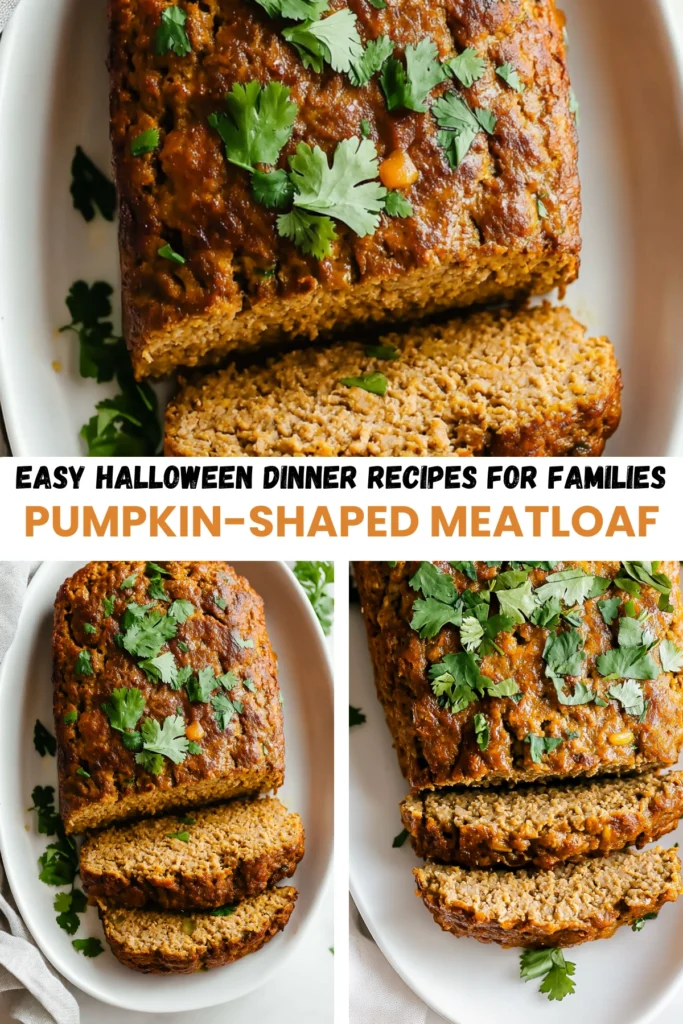 Pumpkin-shaped vegetarian meatloaf garnished with fresh cilantro, sliced and served on a white dish, showing its golden-brown crust and moist interior.
