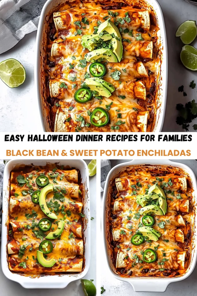 Black bean and sweet potato enchiladas topped with melted cheese, fresh avocado, jalapenos, and cilantro, served with lime wedges on the side.