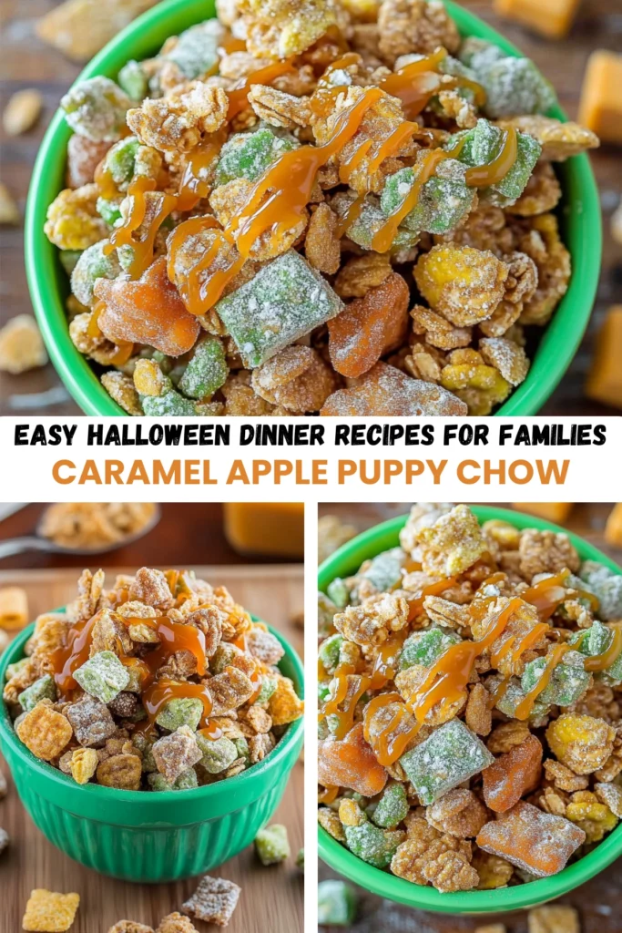 Close-up of a green bowl filled with caramel apple puppy chow, featuring colorful cereal pieces, powdered sugar, and caramel drizzle.