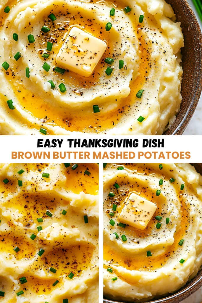 Close-up of brown butter mashed potatoes with a pat of butter, chives, and black pepper.
