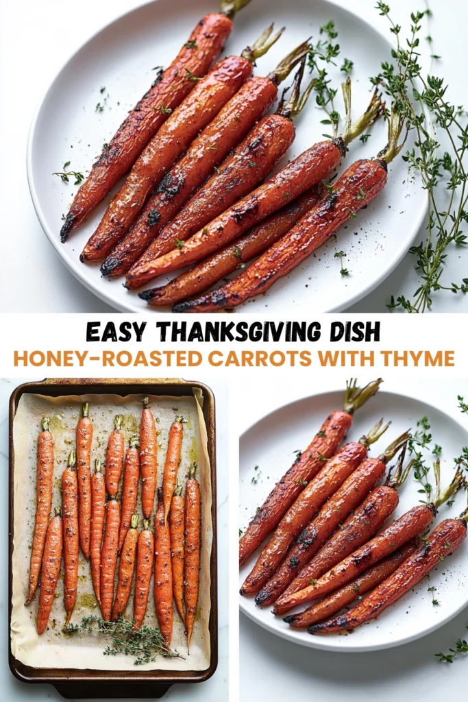 A close-up of honey-roasted carrots garnished with thyme on a white plate, with additional carrots on a parchment-lined baking tray in the background.