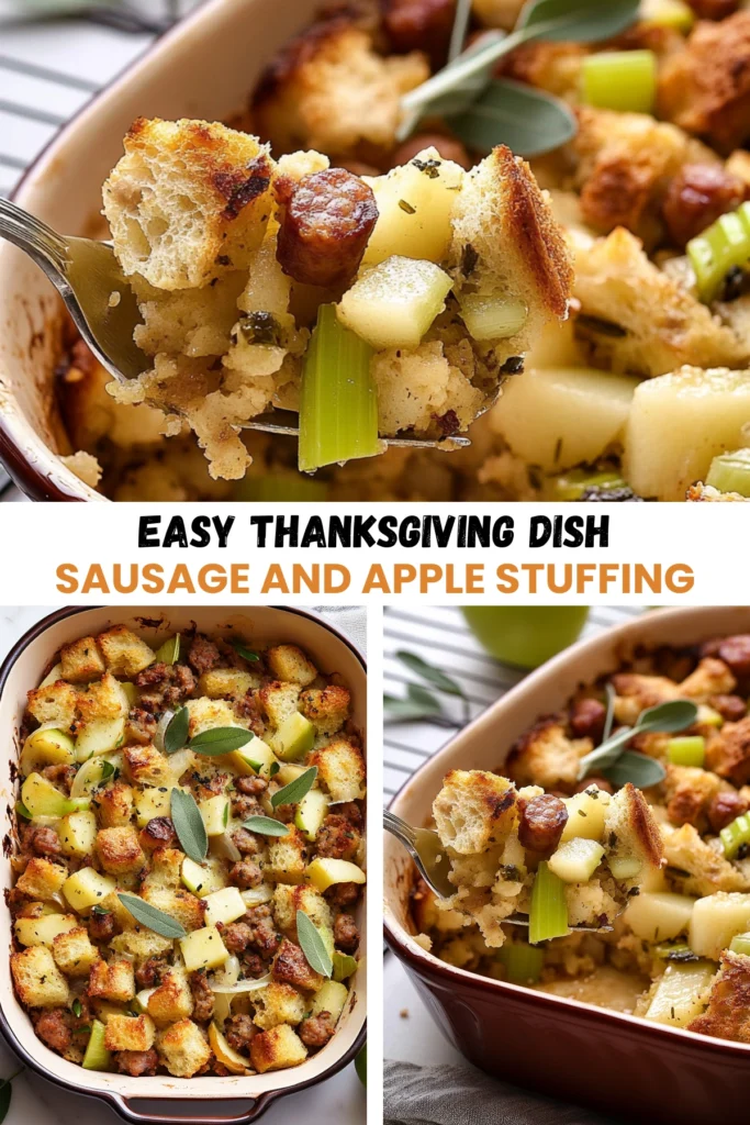 A fork lifting a serving of sausage and apple stuffing with crispy bread cubes, sausage, apples, and celery from a casserole dish.