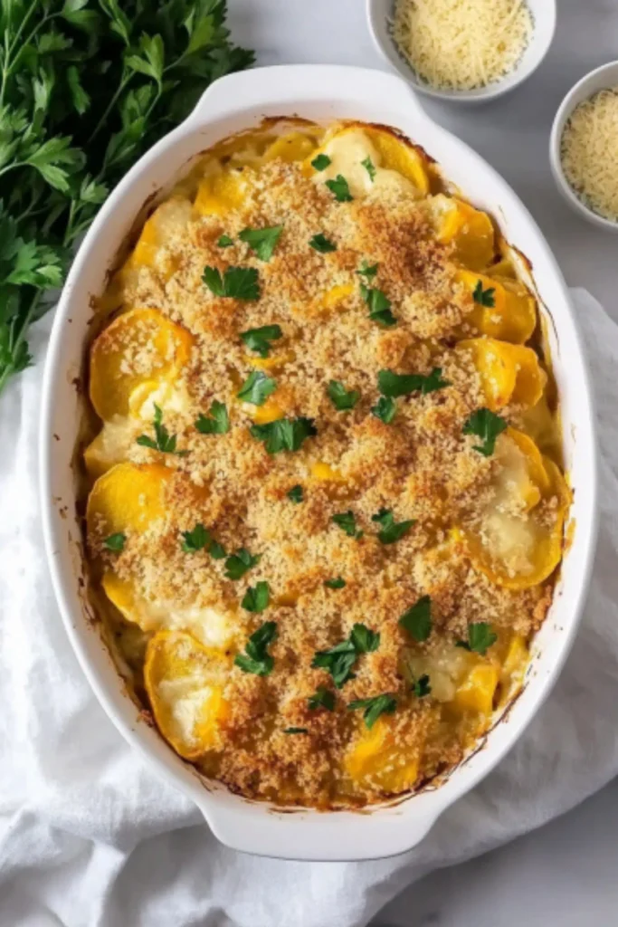 Golden Paula Deen’s squash casserole topped with buttery cracker crumbs and parsley in a white baking dish.
