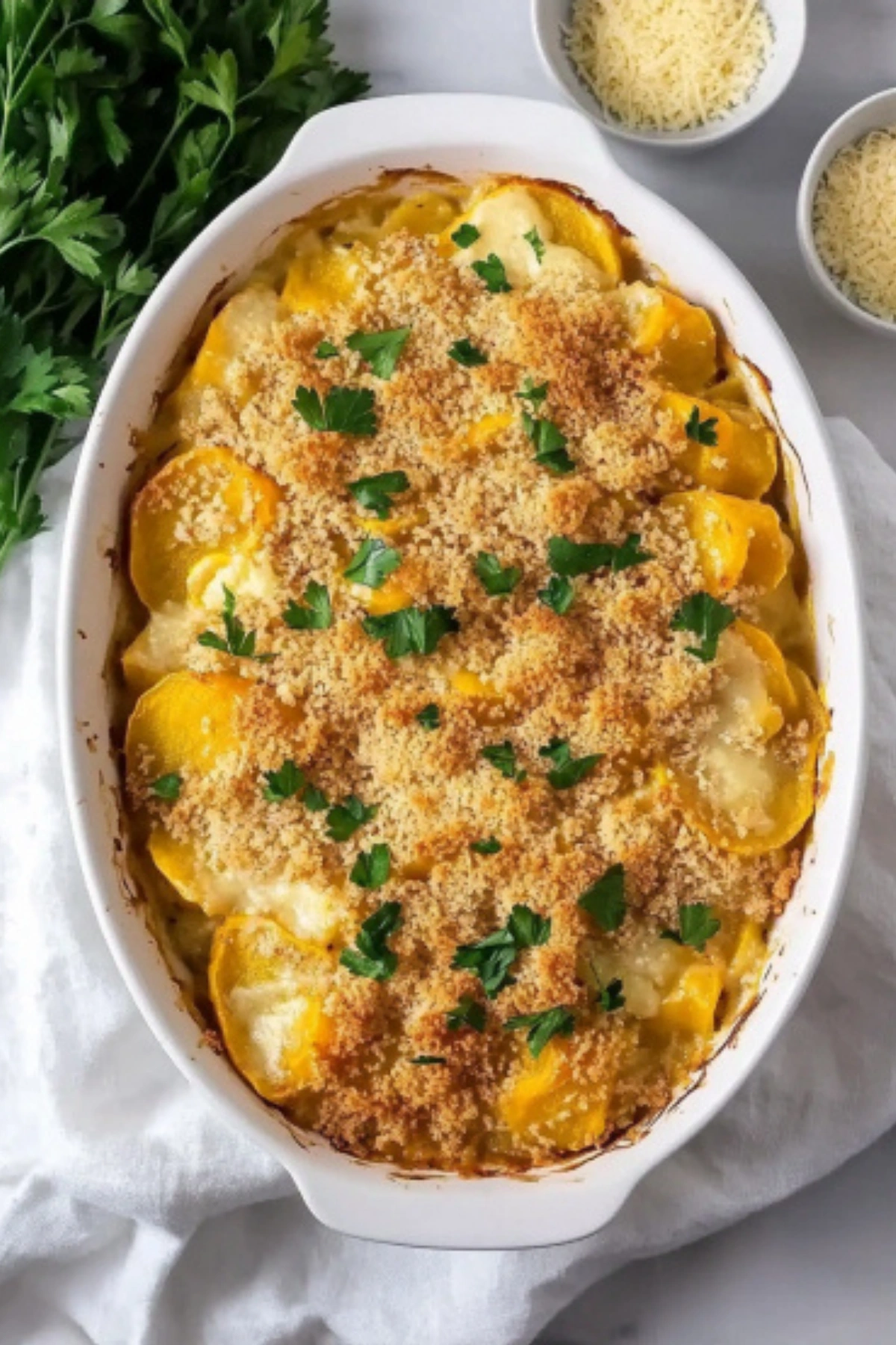 Golden Paula Deen’s squash casserole topped with buttery cracker crumbs and parsley in a white baking dish.