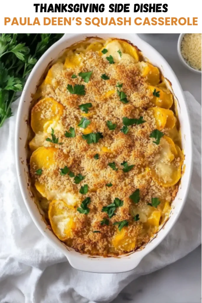 Paula Deen’s baked squash casserole with golden crumb topping and parsley garnish, labeled as Thanksgiving side dish.