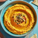 Creamy fall pumpkin hummus topped with pepitas and paprika in a rustic teal bowl with pita chips on the side