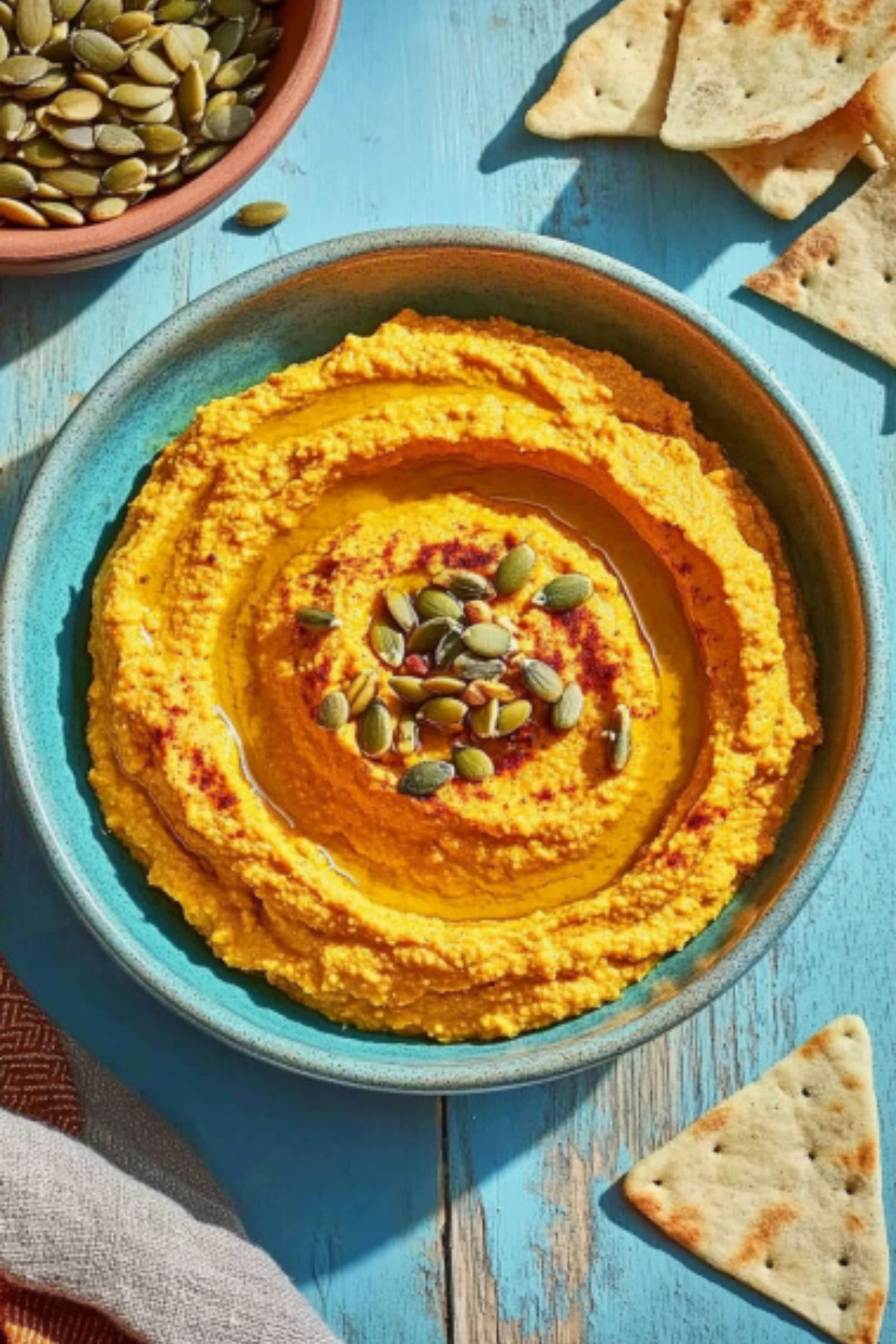 Creamy fall pumpkin hummus topped with pepitas and paprika in a rustic teal bowl with pita chips on the side