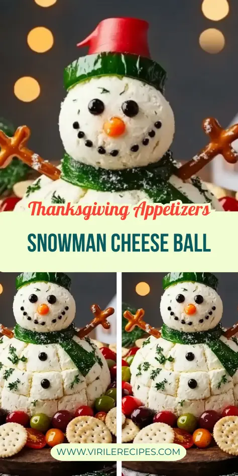 Festive snowman cheese ball appetizer for Thanksgiving with crackers and vegetables on a holiday platter.