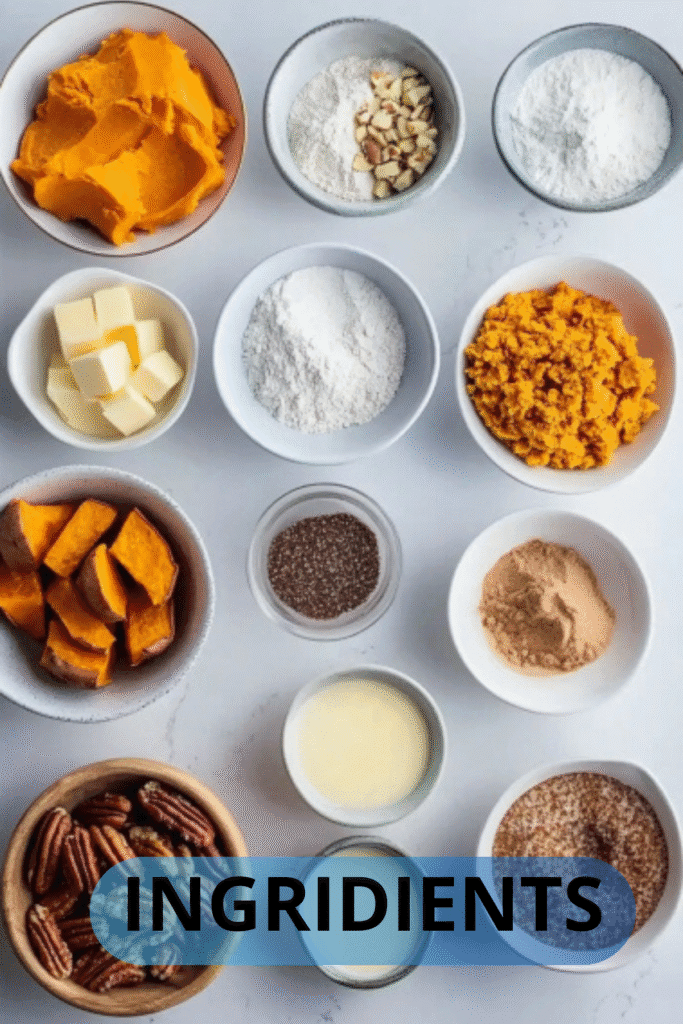 Overhead view of sweet potato cobbler ingredients in bowls including mashed sweet potato, flour, spices, chopped nuts, butter, and sugar.