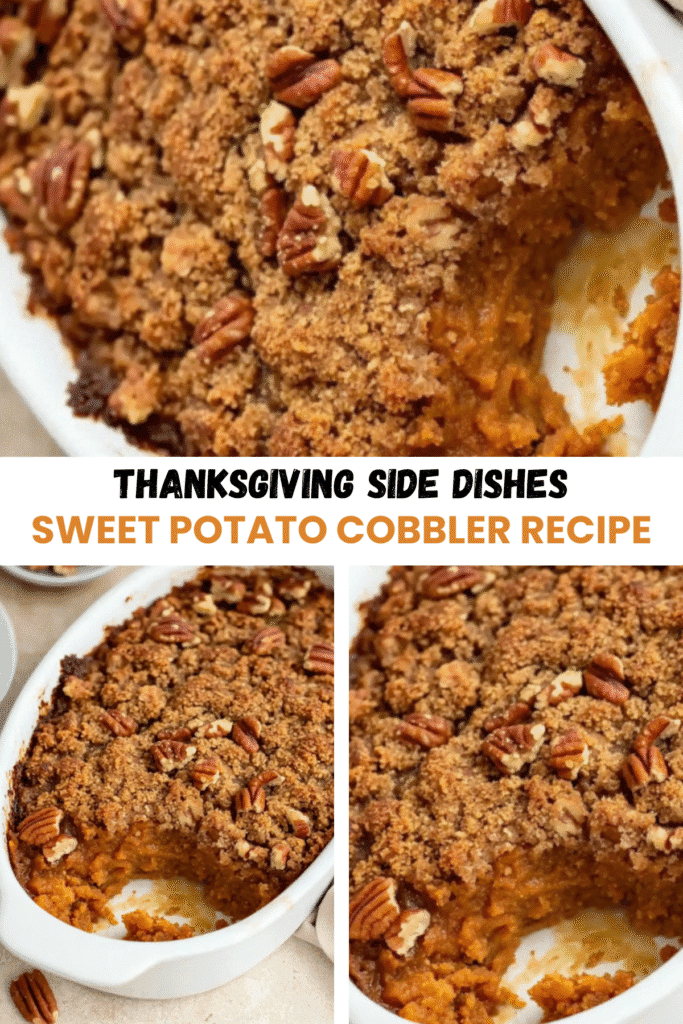 Collage showing sweet potato cobbler with crumb topping and pecans in different close-up views.