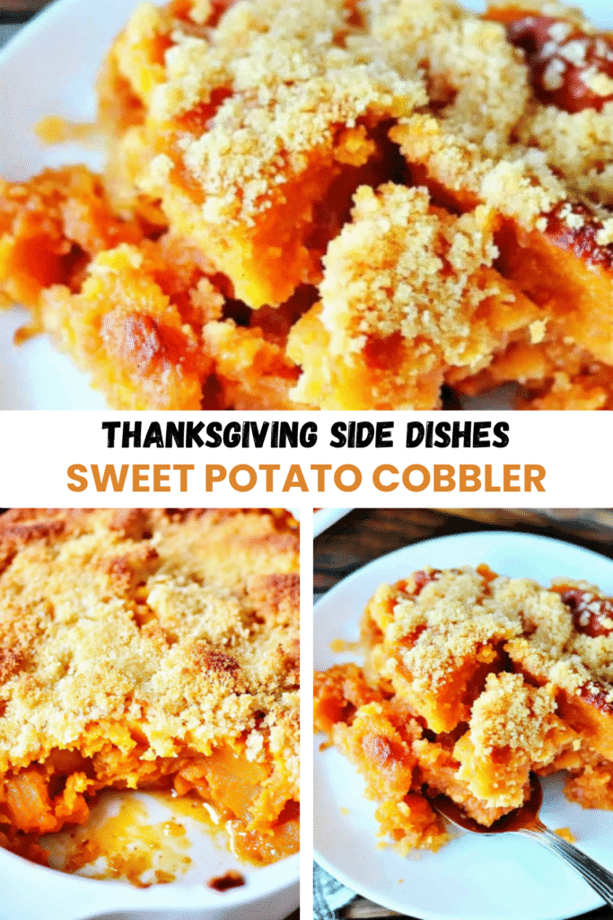 Sweet potato cobbler collage with plated servings and baking dish view for Thanksgiving