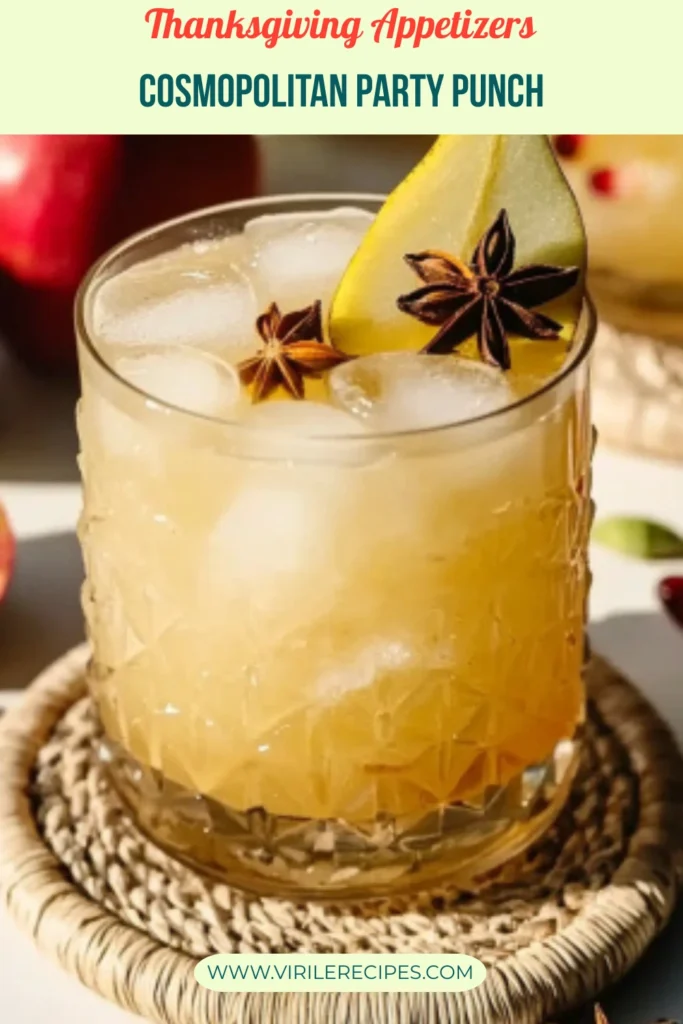 Thanksgiving Cosmopolitan Party Punch served over ice in a short glass, garnished with pear slice and whole star anise.