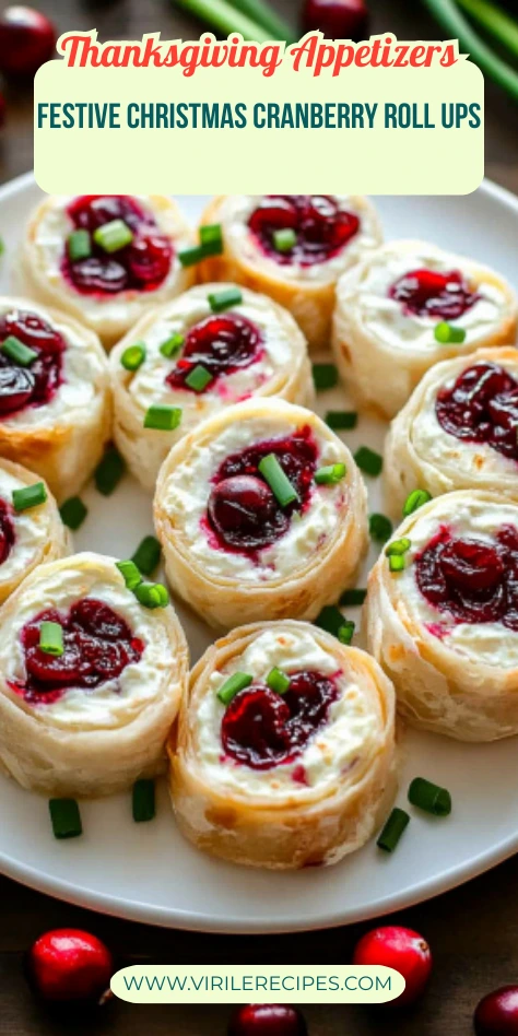 Festive cranberry roll ups with cream cheese and cranberries served on a white plate, perfect for Thanksgiving or Christmas appetizers