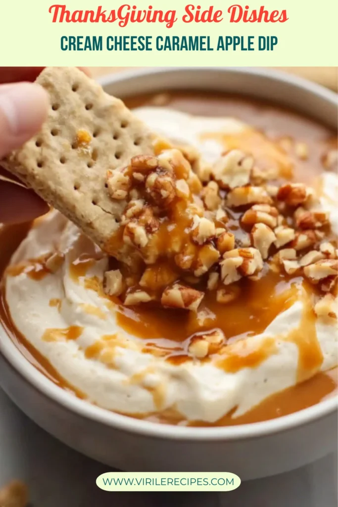 Thanksgiving recipe for cream cheese caramel apple dip with graham cracker and pecans.