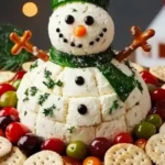 Full-body snowman cheese ball appetizer with parsley detail, olives for buttons, and surrounded by festive vegetables and crackers.