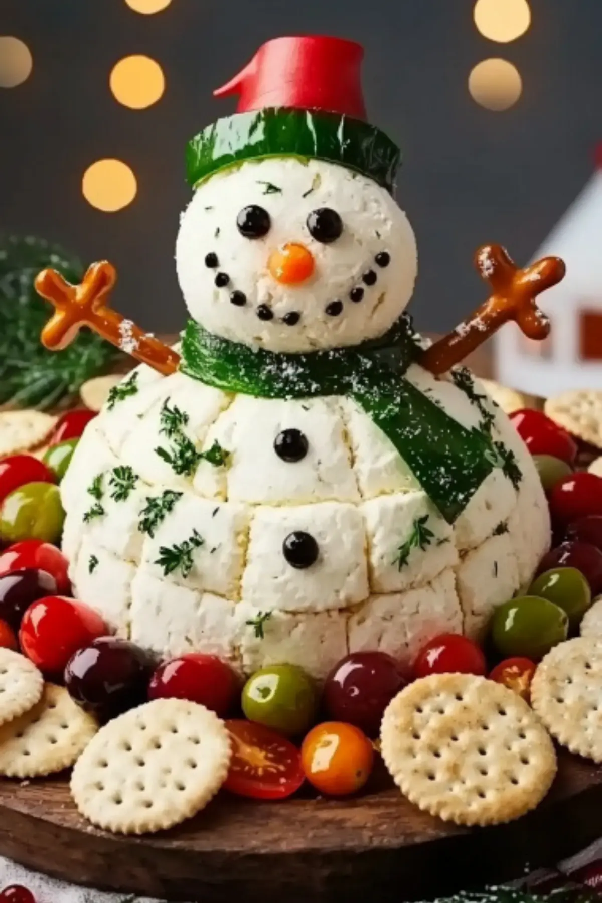 Full-body snowman cheese ball appetizer with parsley detail, olives for buttons, and surrounded by festive vegetables and crackers.