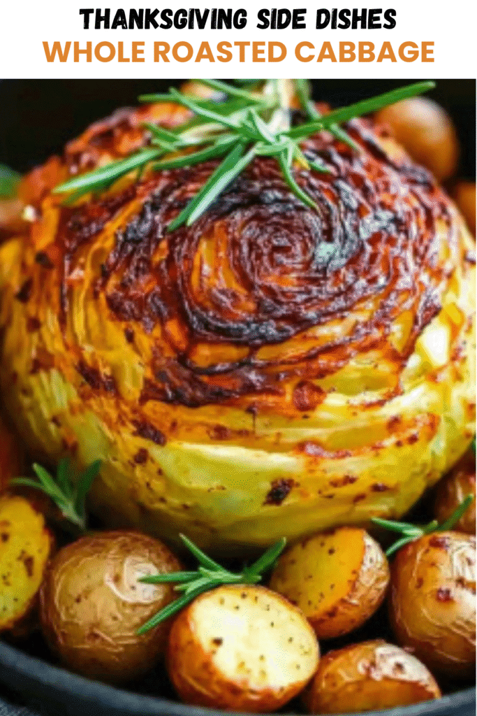 Thanksgiving side dish of whole roasted cabbage surrounded by potatoes, with rosemary garnish and text overlay.