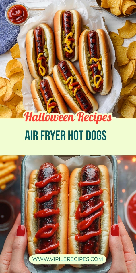 Air fryer hot dogs with ketchup, mustard, and relish, served with chips, Halloween recipe display.