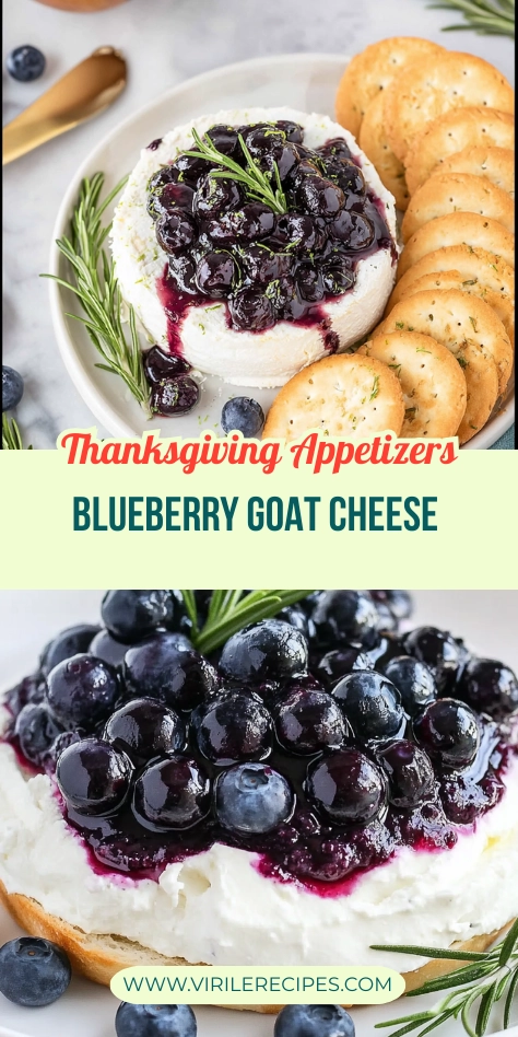 Blueberry goat cheese spread topped with fresh blueberries and rosemary, served with crostini for a delicious appetizer.