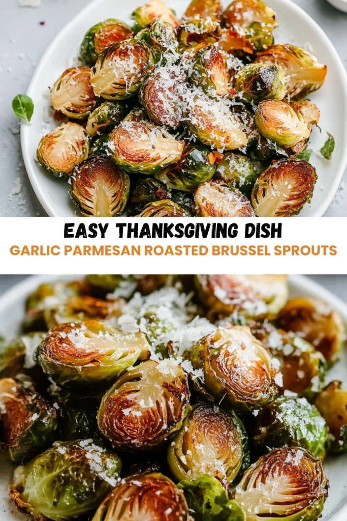 A close-up image of garlic Parmesan roasted Brussels sprouts, with crispy golden edges, grated cheese, and red pepper flakes, placed on a white plate with fresh herbs.