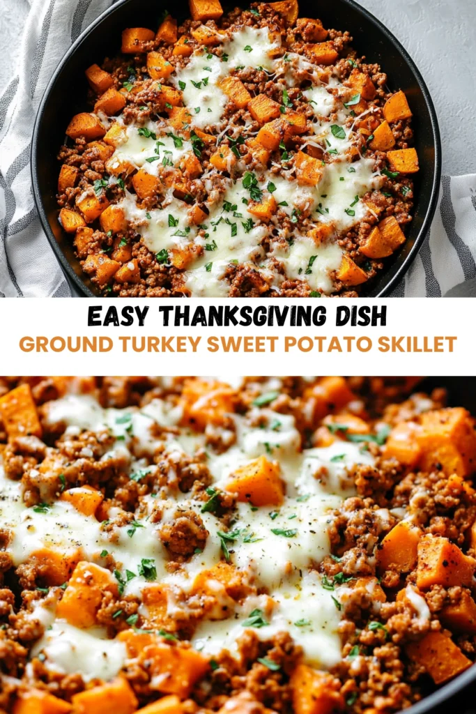 Close-up of a Ground Turkey Sweet Potato Skillet with roasted sweet potatoes, ground turkey, melted mozzarella cheese, and fresh parsley, served in a black skillet on a striped towel.