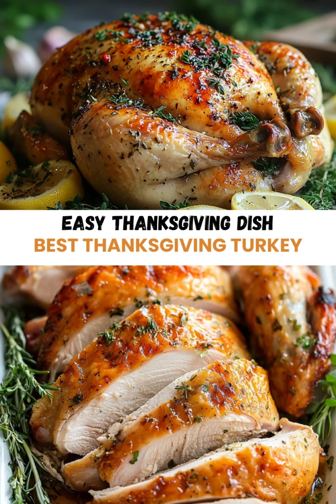 A beautifully roasted Thanksgiving turkey garnished with fresh thyme and lemon slices, showcasing both whole turkey and sliced portions.