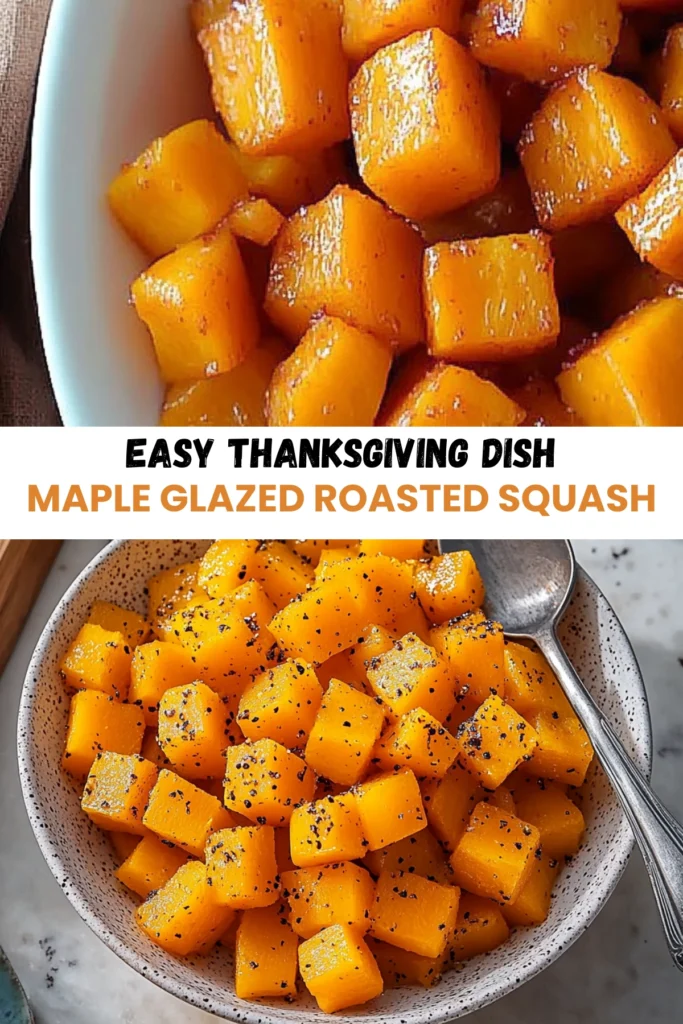 Maple glazed roasted squash cubes in a white bowl with black pepper, showcasing two different angles of the dish.