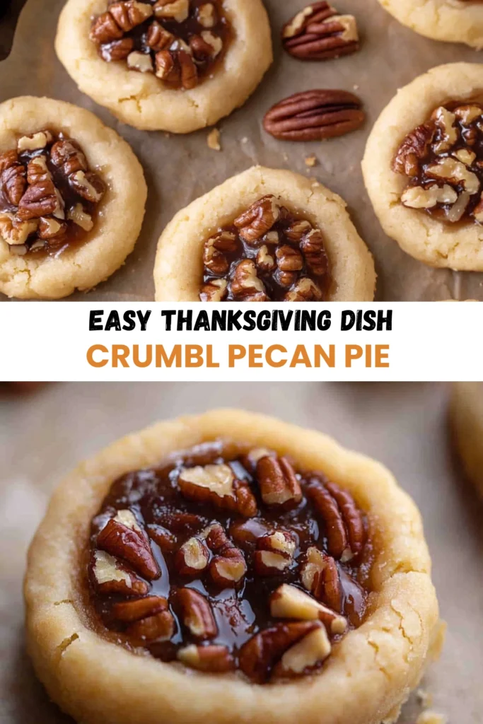 Thanksgiving pecan pie thumbprint cookies with gooey caramel filling and crunchy pecans on parchment paper.