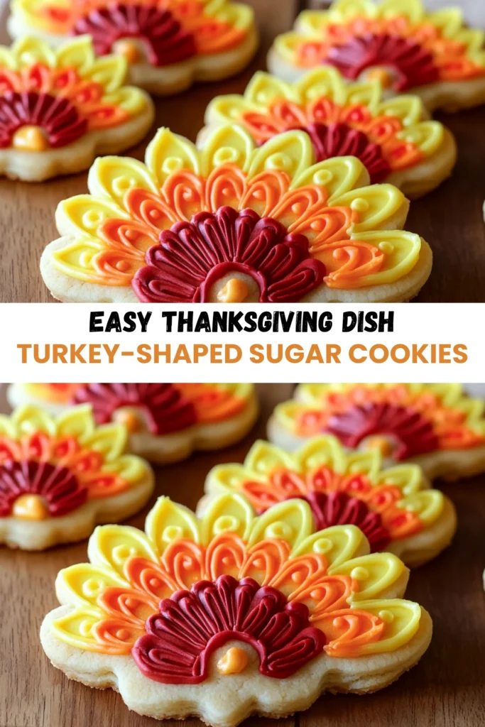 Close-up of turkey-shaped sugar cookies decorated with colorful buttercream feathers in yellow, orange, and red on a wooden table.