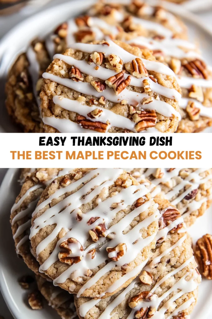 Close-up of maple pecan cookies with white glaze stacked on a white plate.