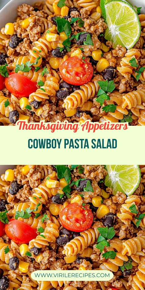 A close-up shot of cowboy pasta salad with rotini pasta, ground beef, black beans, corn, cherry tomatoes, and fresh parsley, topped with lime wedges. Featured with Thanksgiving Appetizers text.