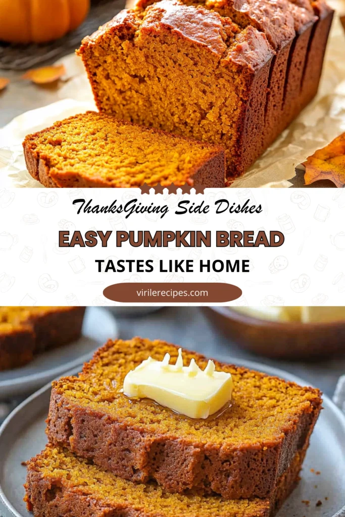 Thanksgiving-style pumpkin bread sliced on parchment and plated with butter and honey drizzle.