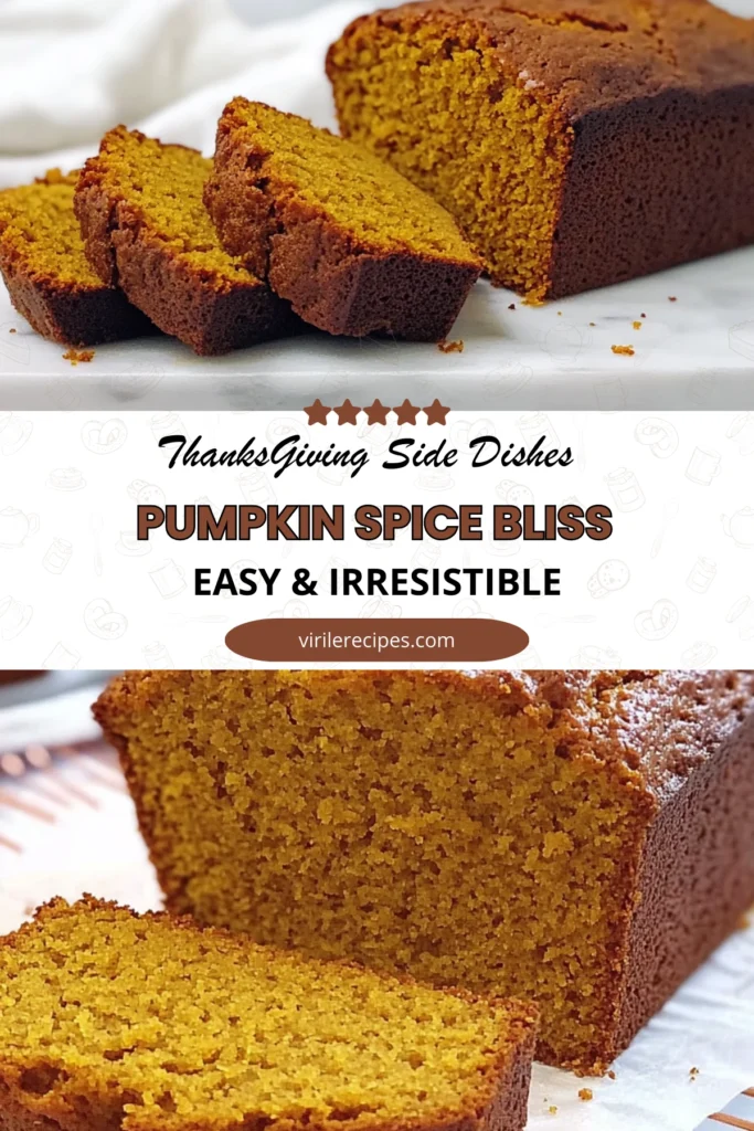 Freshly baked pumpkin spice bread loaf with slices on a white surface, golden brown crust and soft interior.