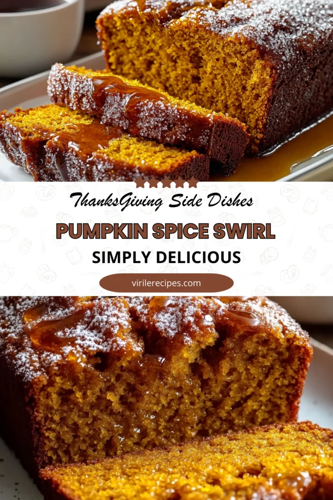 Thanksgiving pumpkin spice bread with sugar topping and maple syrup served on a white plate.