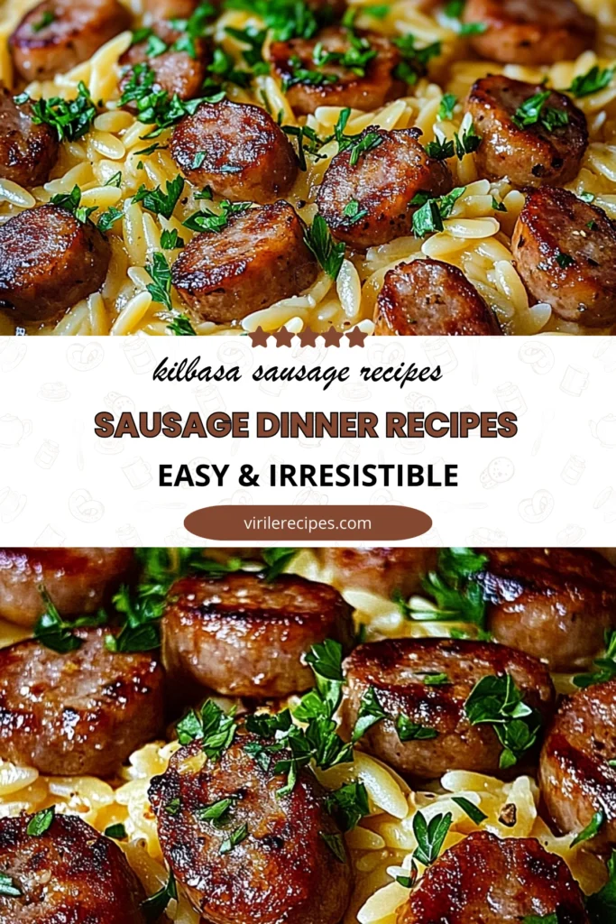 Creamy orzo pasta with kielbasa sausage slices and parsley in a skillet, styled as a recipe pin.