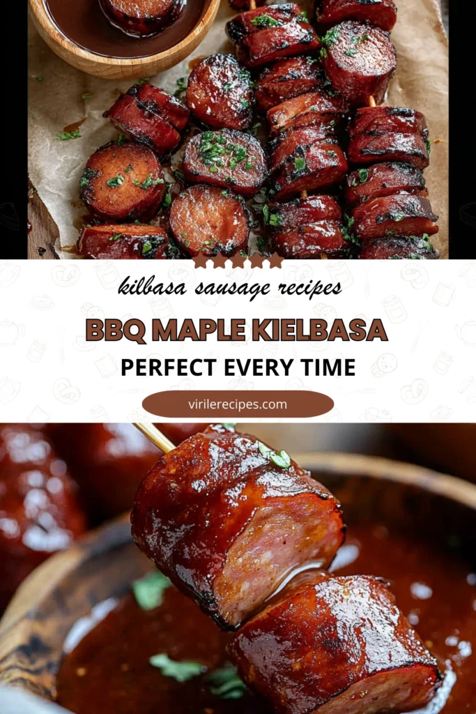 BBQ maple kielbasa sausage skewers with dipping sauce on parchment paper.
