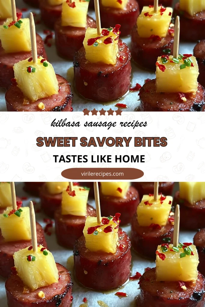 Kielbasa sausage bites topped with pineapple, chili flakes, and herbs, served on parchment paper.