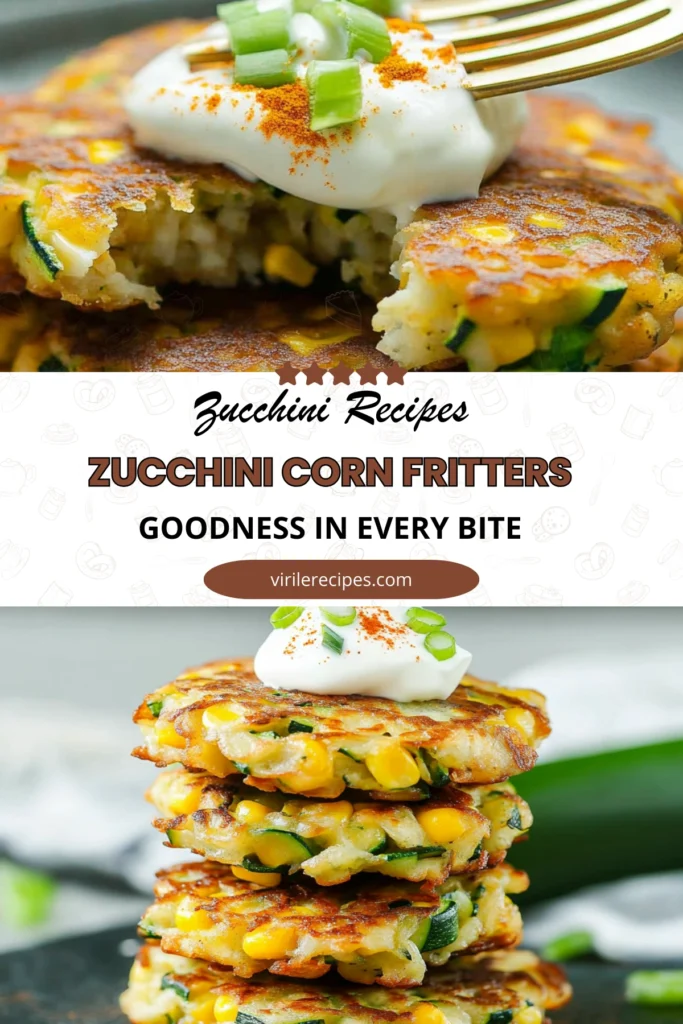 Close-up of zucchini corn fritters topped with sour cream and green onions, with one fritter cut open.