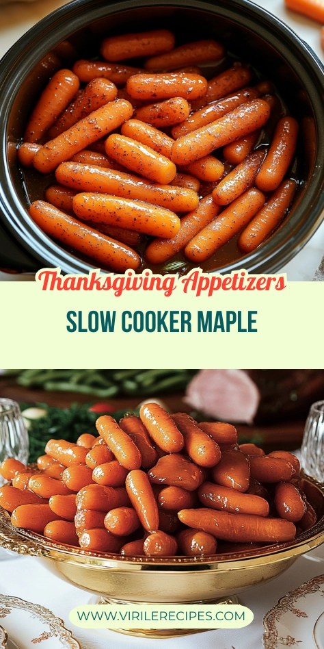 A Thanksgiving image of slow cooker maple glazed baby carrots on the top and a golden bowl of glazed carrots on the bottom, elegantly served on a holiday dining table.