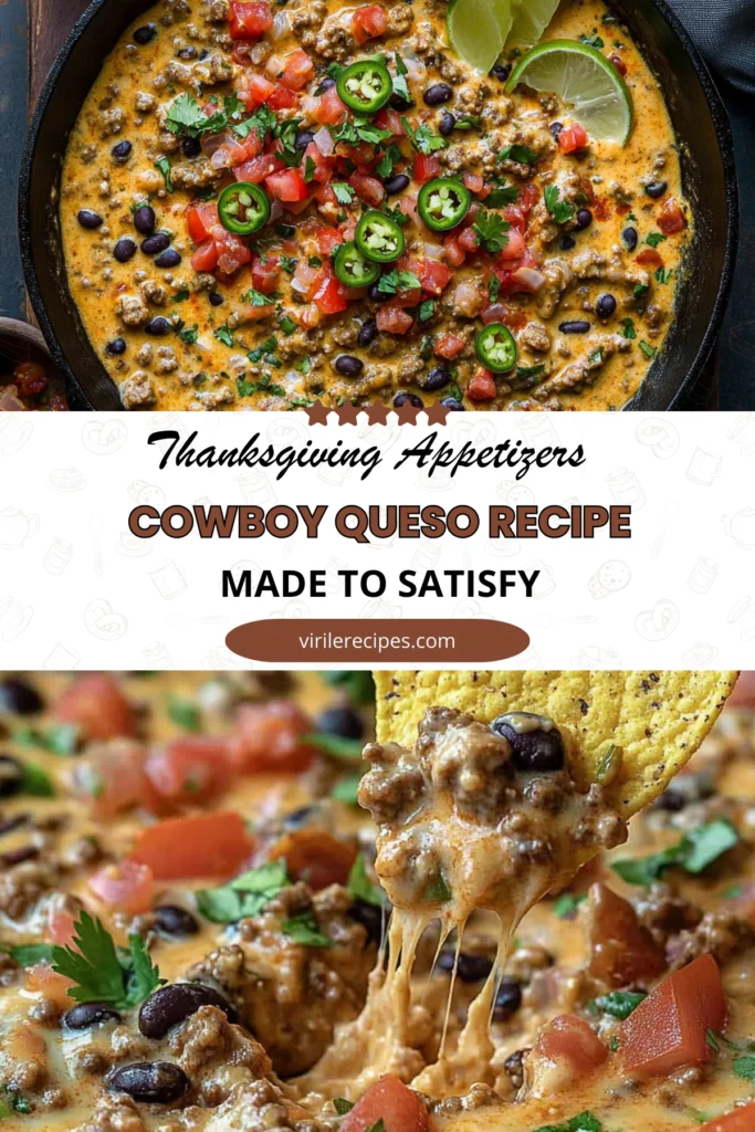 Cowboy queso dip in skillet topped with jalapeños and tomatoes, with a tortilla chip dipping into cheesy queso.