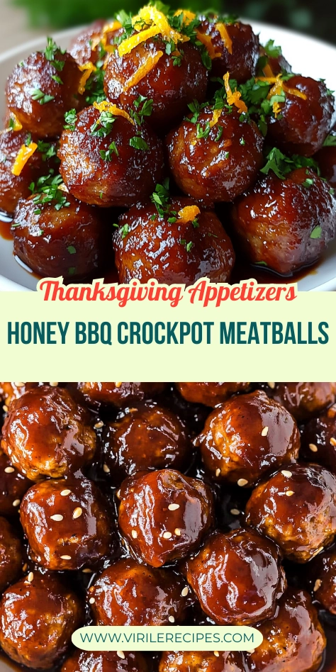 Collage of two images showing honey BBQ Crockpot meatballs in a rich sauce, garnished with orange zest, parsley, and sesame seeds—ideal for Thanksgiving appetizers.
