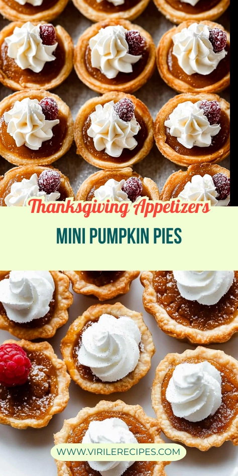 Mini pumpkin pies topped with whipped cream and sugared raspberries, showcasing a golden crust and smooth pumpkin filling, arranged neatly on a light background.