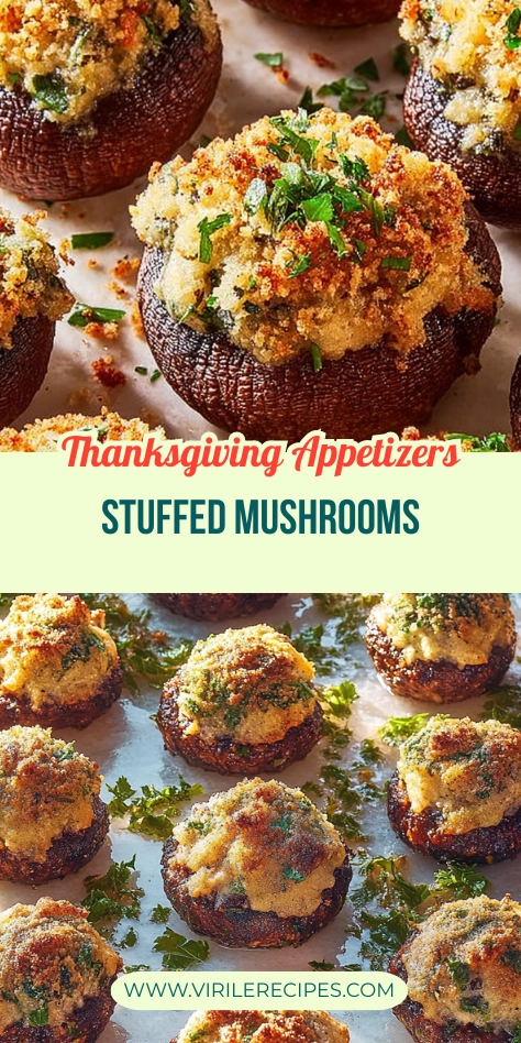 Golden stuffed mushrooms with crispy breadcrumbs, fresh parsley, and savory filling, arranged for a festive Thanksgiving appetizer.