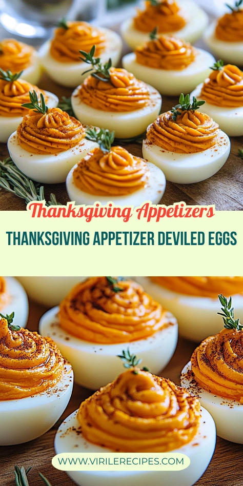 A close-up of deviled eggs with pumpkin-shaped orange filling, garnished with fresh thyme and rosemary, sprinkled with paprika, and placed on a rustic wooden board with a Thanksgiving-themed text overlay.