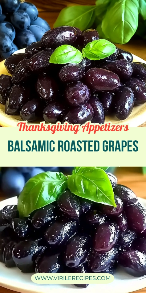 Close-up of balsamic roasted dark purple grapes with basil leaves, styled as a Thanksgiving appetizer.