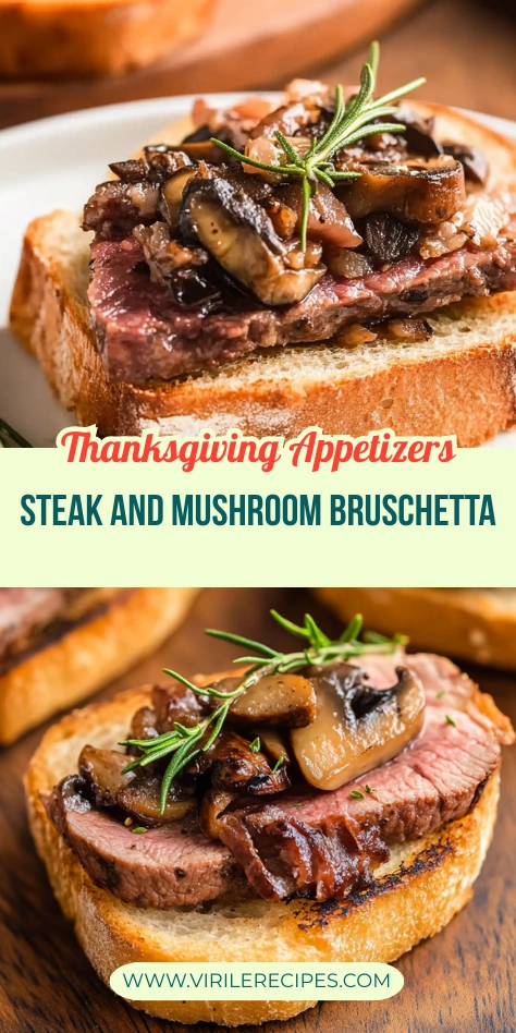 Close-up of steak and mushroom bruschetta with rosemary on toasted bread, perfect for Thanksgiving appetizers.
