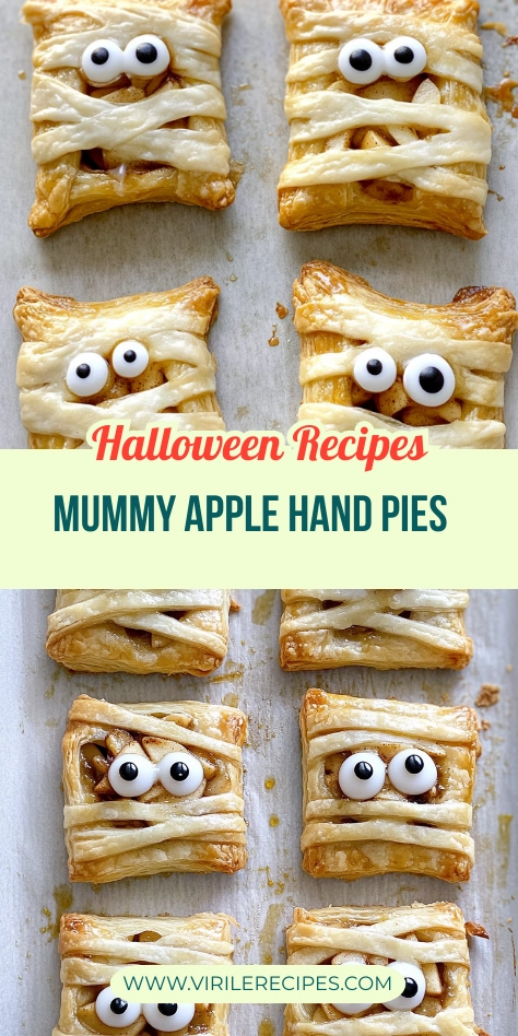 Halloween mummy apple hand pies with cinnamon apple filling, icing drizzles, and candy eyes arranged on a baking tray.