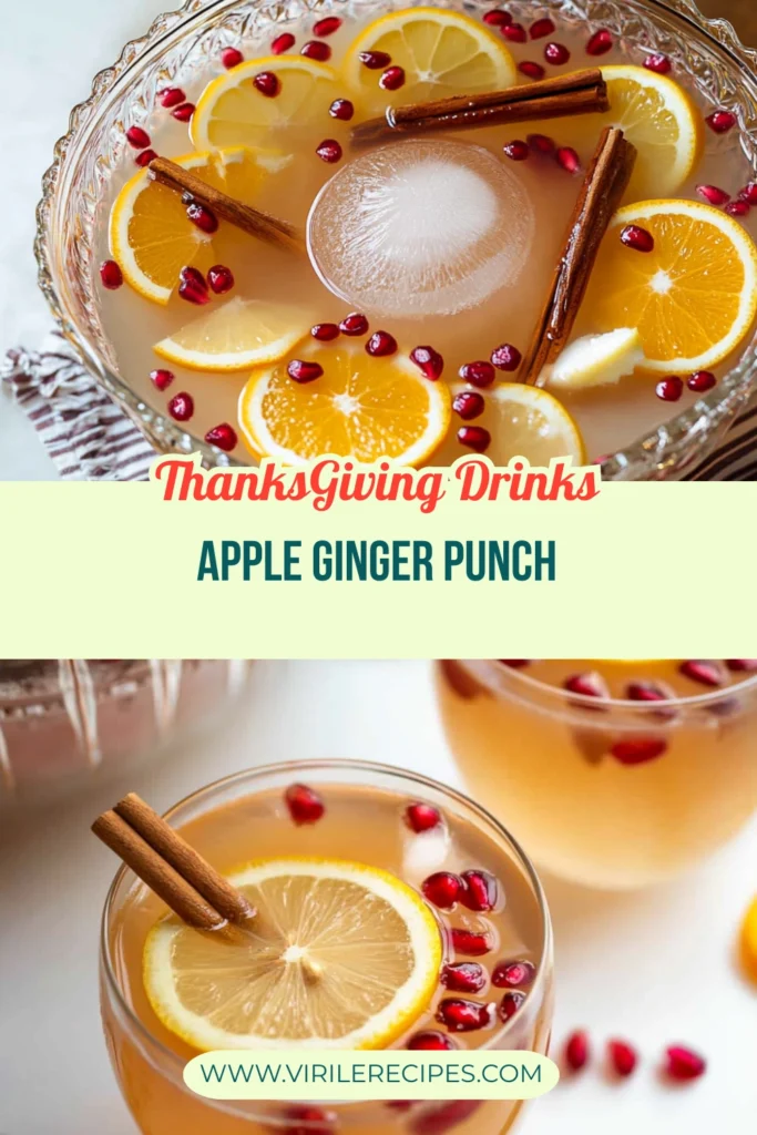 Apple ginger punch served in a punch bowl and glasses with lemon slices, cinnamon sticks, and pomegranate seeds.